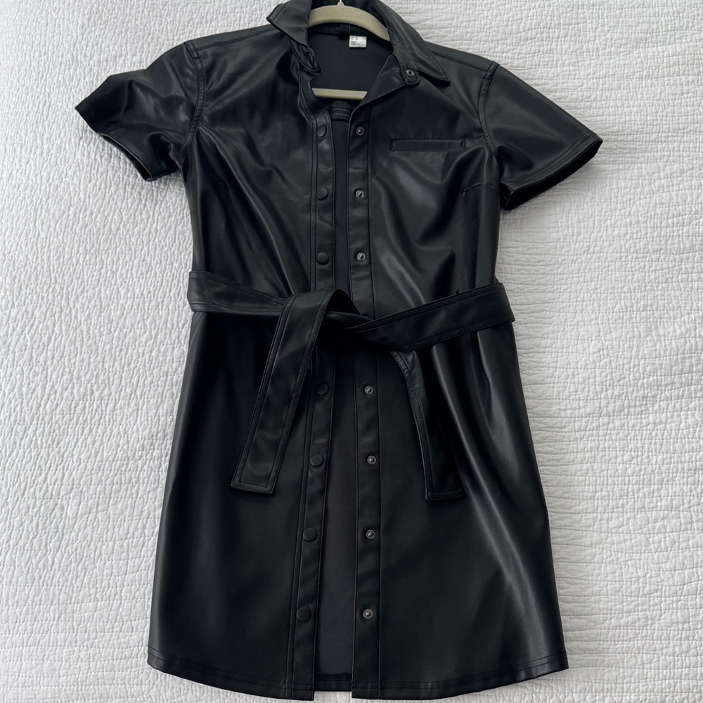 Black Faux Leather Shirt Dress
